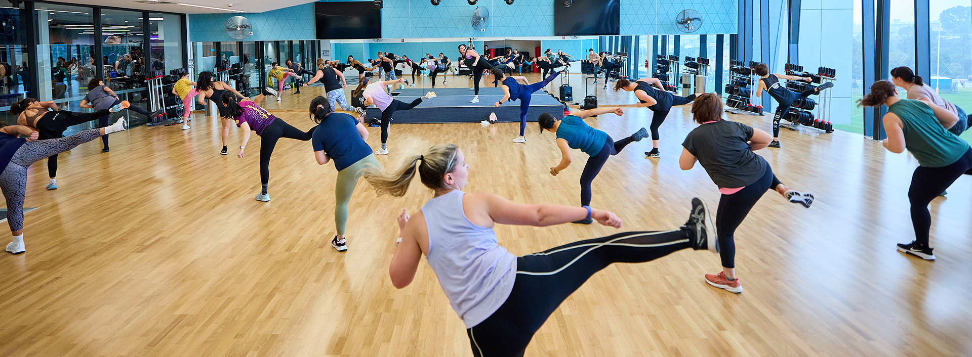 Photo of group fitness class kicking